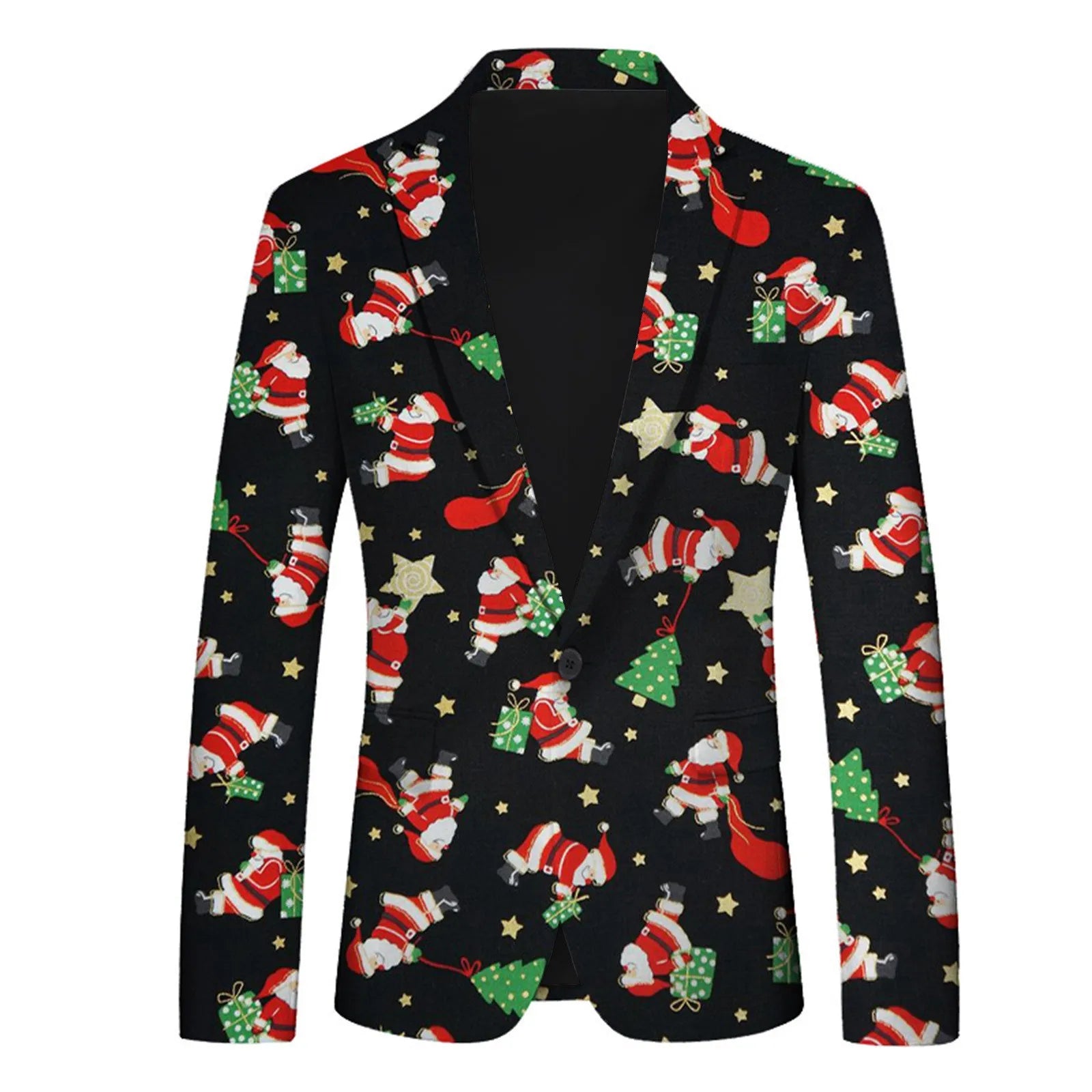 Men's Christmas Snowflake Elk Print Blazer Jackets With Pocket Elegance Slim One Button Laple Suit Coat Plus Size Party Outwears