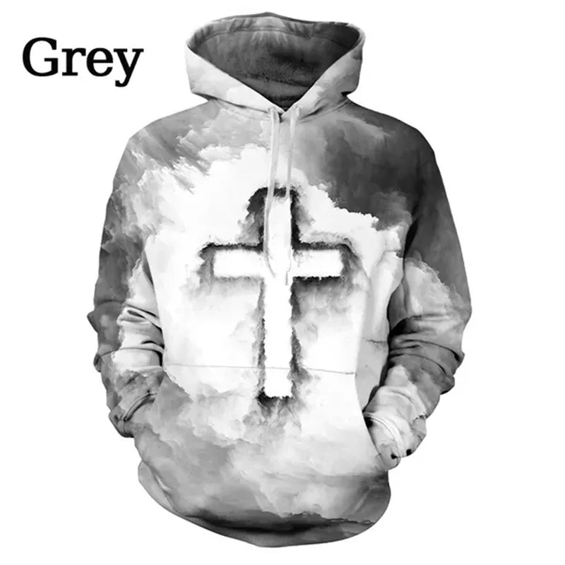 3D Printed Christian Hoodie For Men Colorful Cross Pattern Long Sleeves Fashion Autumn Casual Sweatshirt Loose Pullover Hoodies