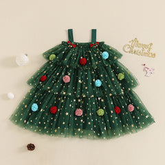 2024-08-06 Lioraitiin Kid Baby Girls Christmas Dress Strap Sleeveless Star Print Lace Layered Tulle Sundress with Plush Ball Hat