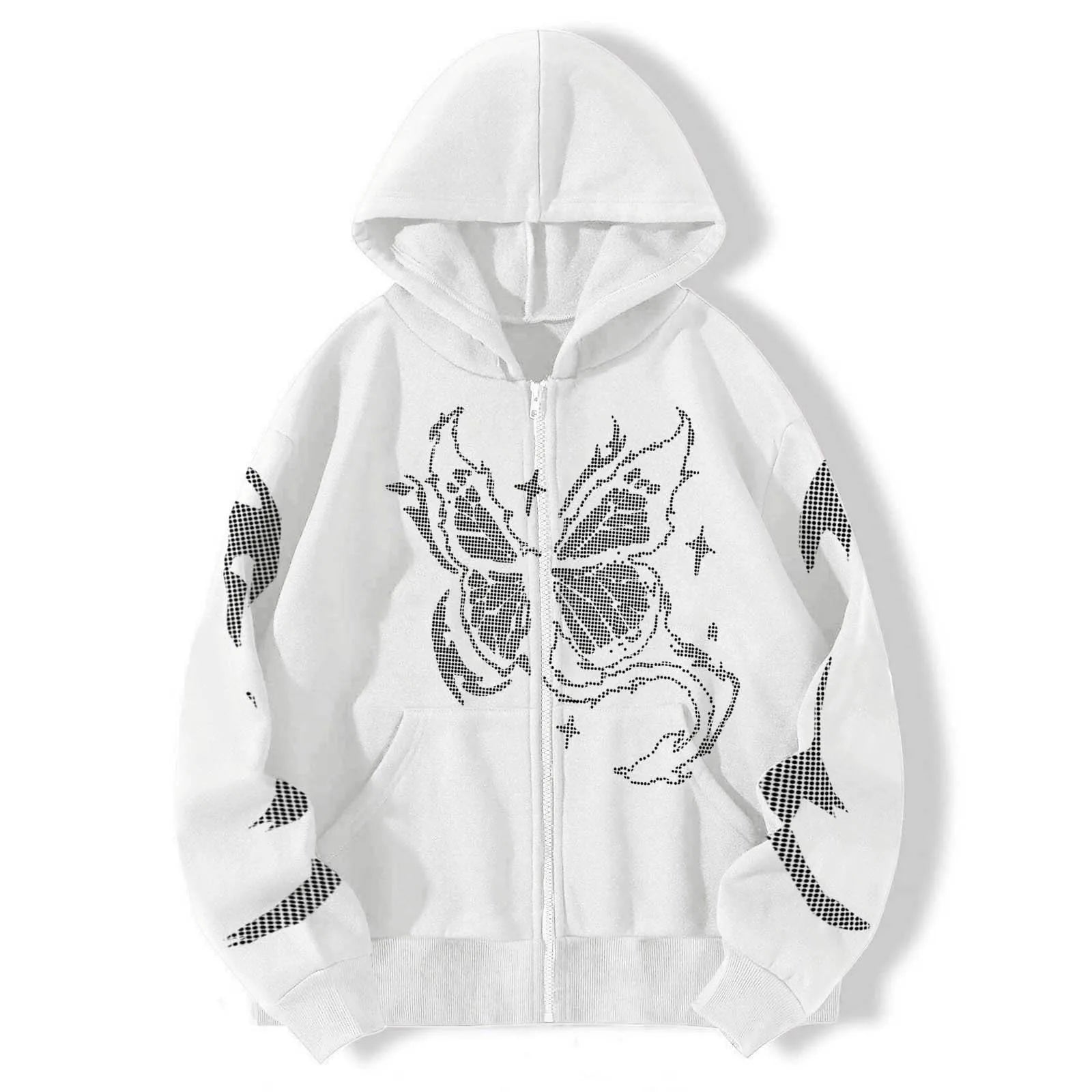 Y2k Women Gothic Black Zip Up Oversize Harajuku Hooded Butterfly Print Sweatshirts Stitch Loose Lovers Wear Hoodie Autumn Winter