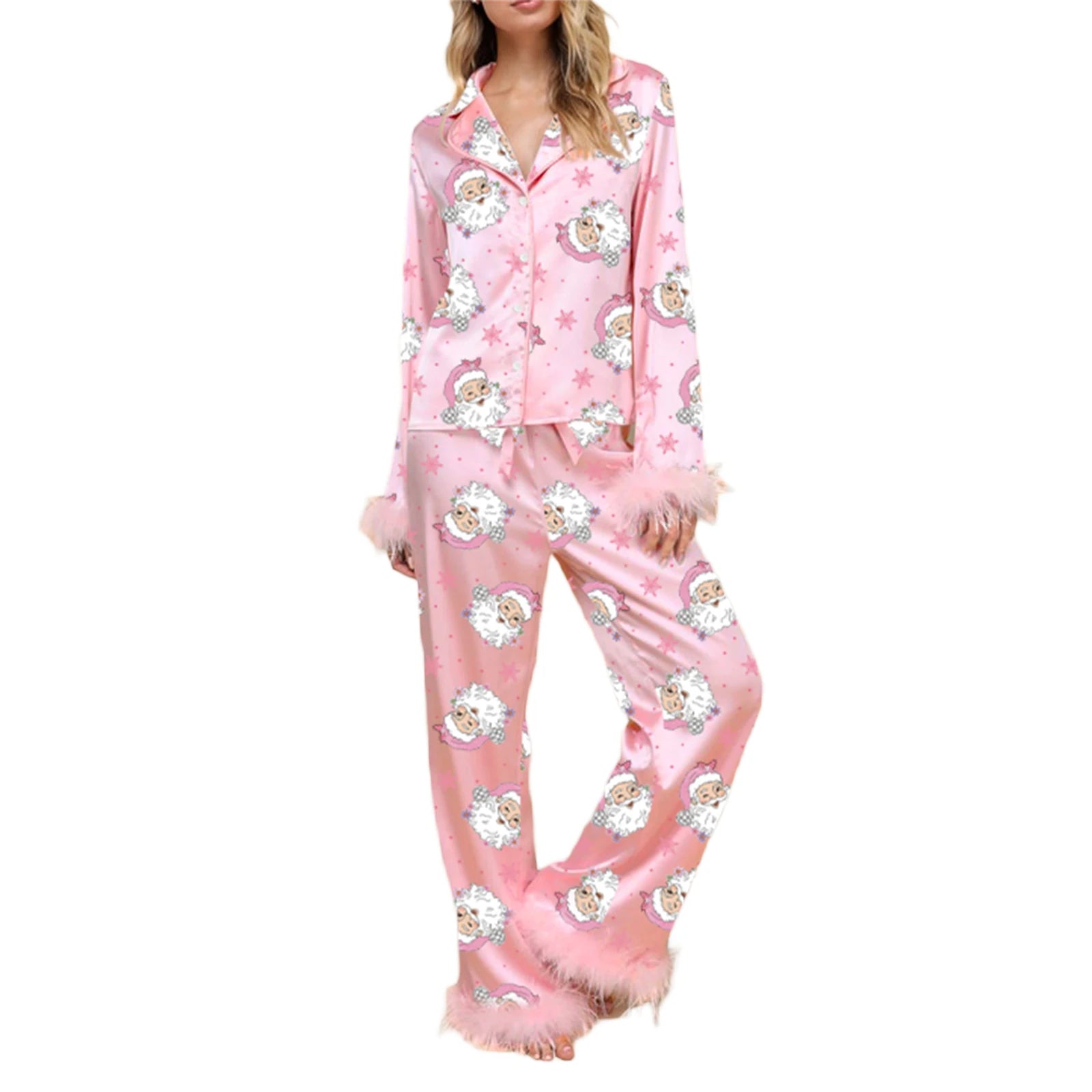 Women Christmas Pajamas Lounge Set Santa Christmas Tree Boots Print Shirts Tops and Pants 2 Piece Loungewear Outfits