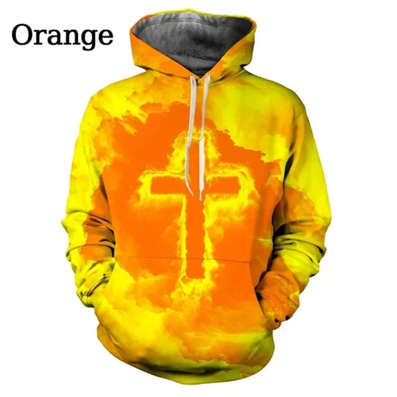 3D Printed Christian Hoodie For Men Colorful Cross Pattern Long Sleeves Fashion Autumn Casual Sweatshirt Loose Pullover Hoodies