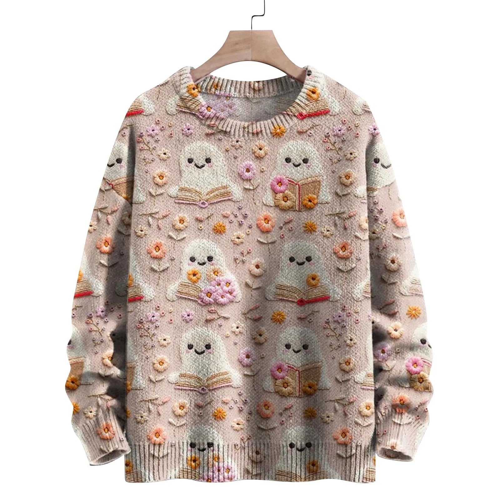 Autumn Women Halloween Theme Cartoon Anime Printed Top Pullover Fashion Striped Thick Knit Round Neck Long Sleeved Sweatshirt