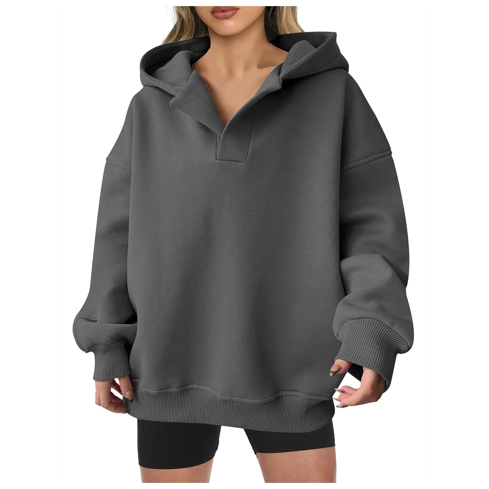 Women'S V Neck Oversized Hoodie With Pocket Fashion Trend Streetwear Classic Style Fleece Lined Sweatshirt Oversized Hoodie