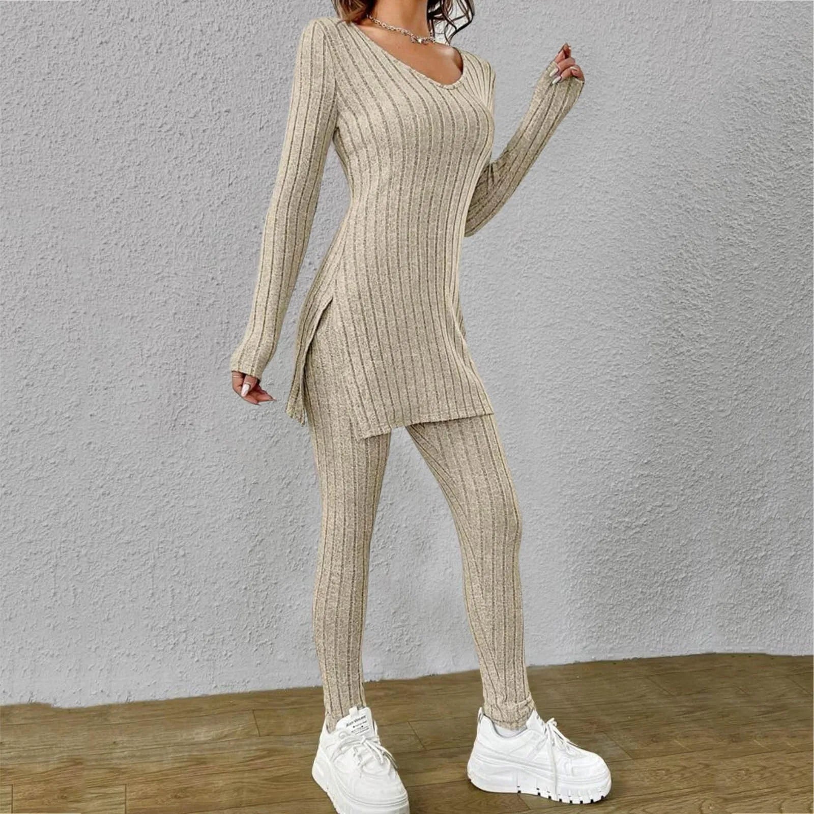 Casual Long Sleeve Knit Tops Pants Set Office Lady Fashion Elegant High Neck Slim Fit Tops Trousers 2 Pieces Set Outfit 2024