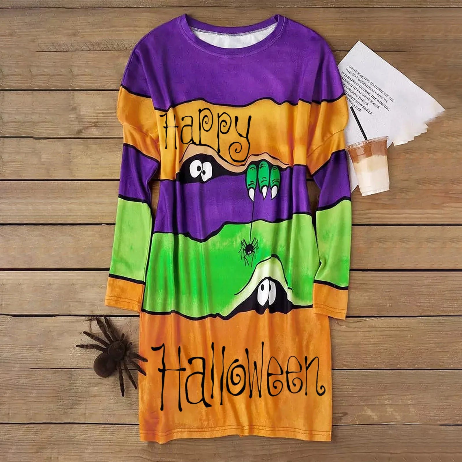 Halloween Striped Dinosaur Spider Colour Block Hoodies O-Neck Long Sleeve Hoodless Sweatshirt Oversize Cute Cartoon Sweatshirt