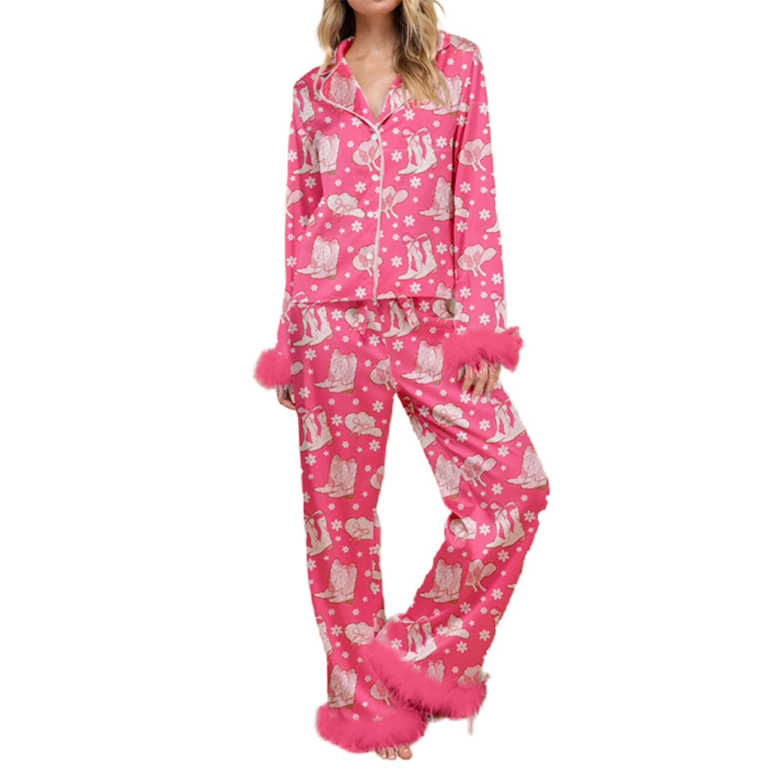 Women Christmas Pajamas Lounge Set Santa Christmas Tree Boots Print Shirts Tops and Pants 2 Piece Loungewear Outfits