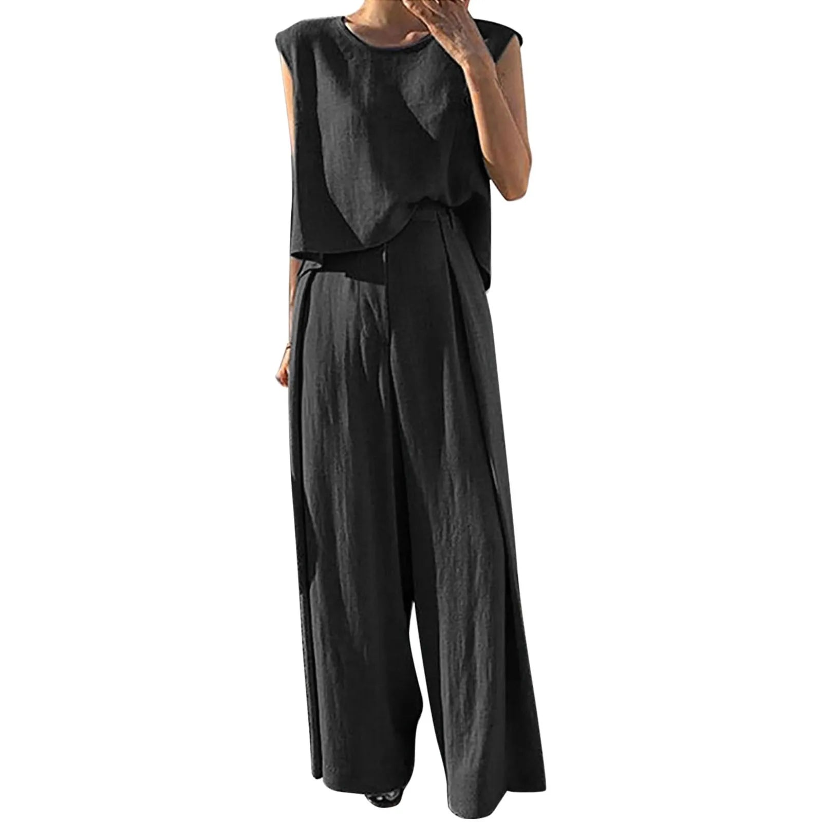 Women Cotton Linen Suits Summer Sleeveless O-Neck Tank Top Wide Leg Pants Two Piece Sets Female Fashion Casual Solid Loose Suits