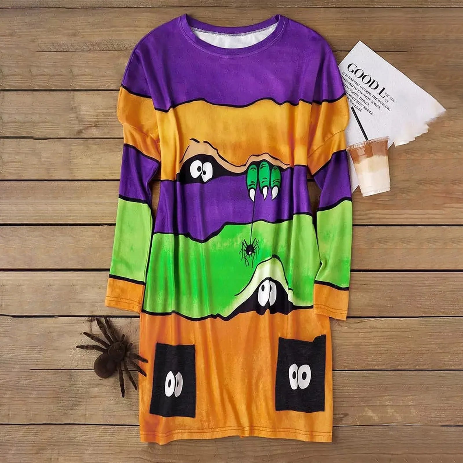 Halloween Striped Dinosaur Spider Colour Block Hoodies O-Neck Long Sleeve Hoodless Sweatshirt Oversize Cute Cartoon Sweatshirt