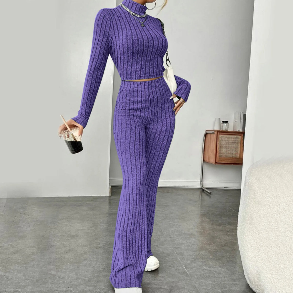 Casual Long Sleeve Knit Tops Pants Set Office Lady Fashion Elegant High Neck Slim Fit Tops Trousers 2 Pieces Set Outfit 2024