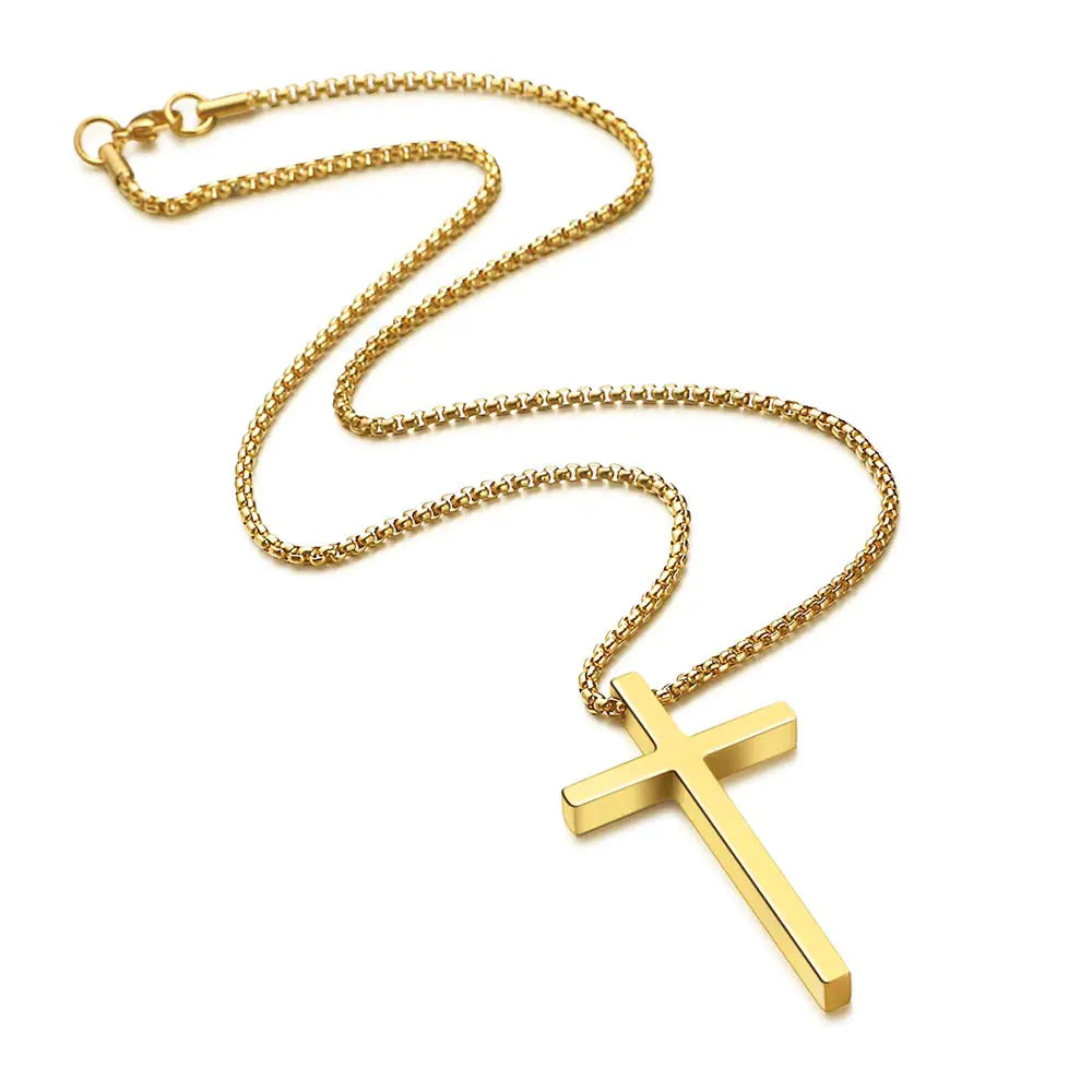 M MOOHAM Cross Necklace for Men, Silver Black Gold Stainless Steel Plain Cross Pendant Necklace for Men Box Chain 16-30 Inch 18 "Gold: Cross Pendant 2.1"*1.2"