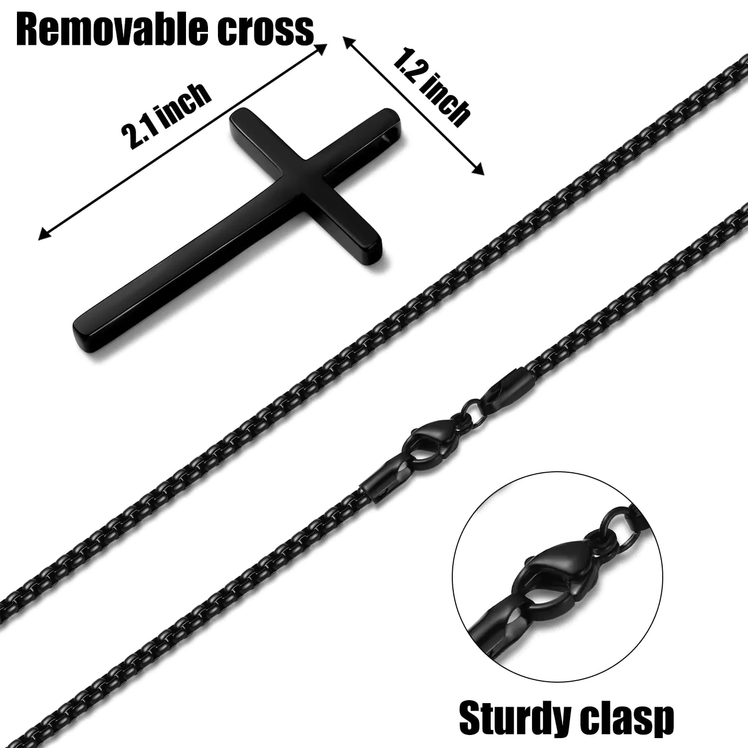 Fiusem Cross Necklace for Men, Silver/Gold/Black Mens Cross Necklaces with 2.5mm Cross Chain and Stainless Steel Cross Pendant, Box Chain 16-24 Inch 22.0 Inches Big black cross: 2.1" * 1.2"